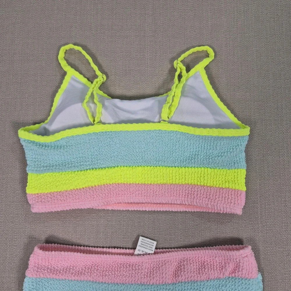 Girls Color Block Textured Bikini Set Blue Pink Neon Yellow Size 11-12Y NWOT